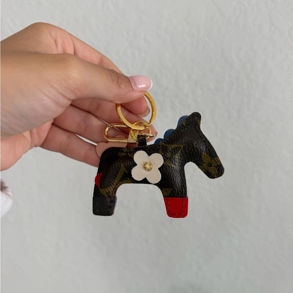 Reworked LV Leather Horse Keychain with Floral Accent - Black & Red